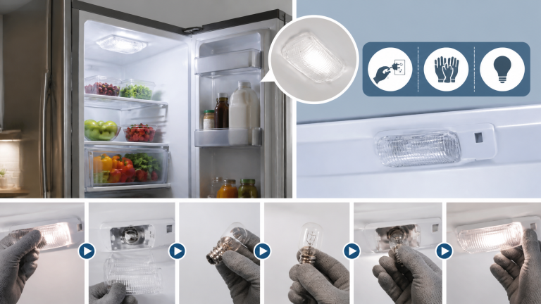 How to Replace Light Bulb in GE Refrigerator, sections: Before You Start: Safety and Preparation; Replacing...