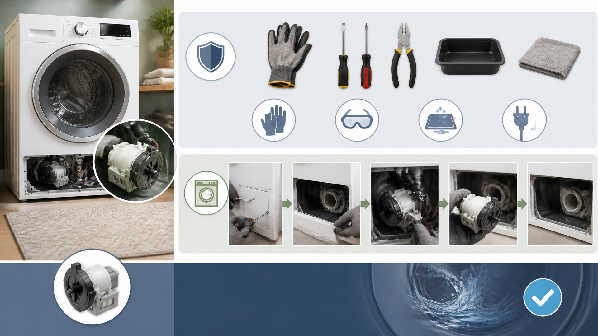 Step by Step Guide to Change the Drain Pump on Your LG Washing Machine, sections: Before You Start: Tools a...
