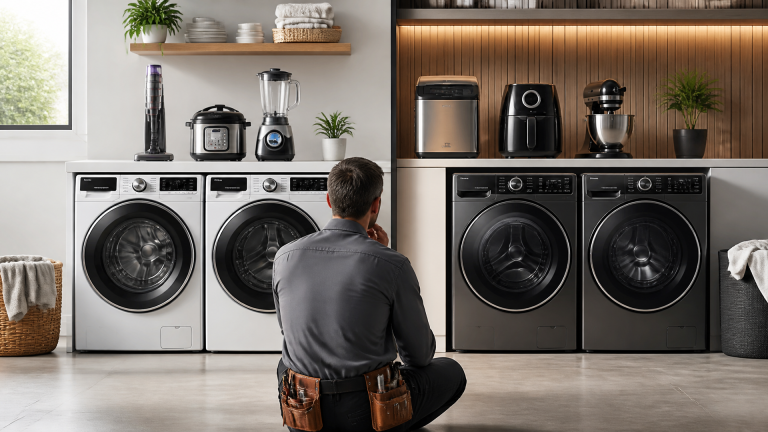 A lineup of modern washing machines in a showroom, with a repairman pointing to the top-rated model.