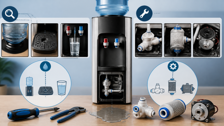 A person inspecting a Primo water dispenser for leaks, checking the drip tray and internal components.