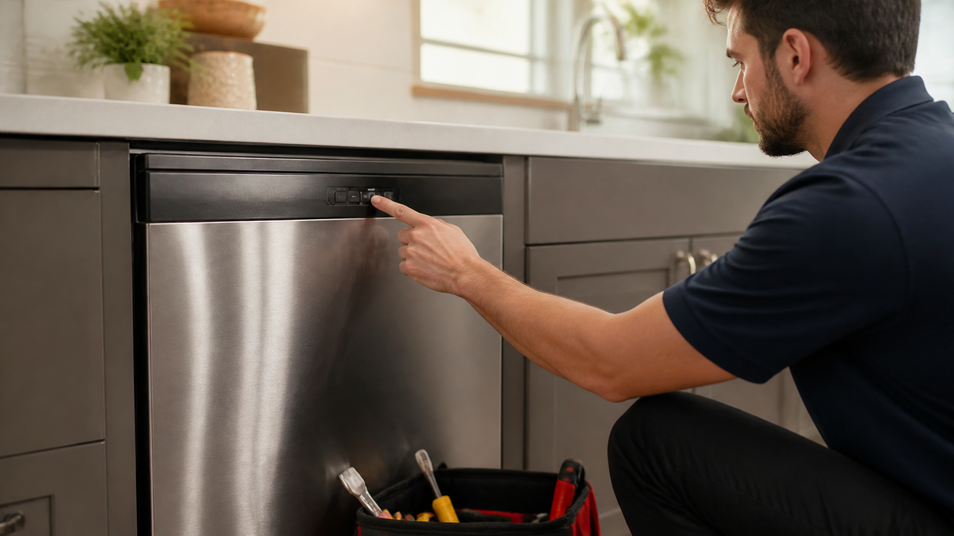 A modern KitchenAid dishwasher with control panel buttons highlighted for resetting