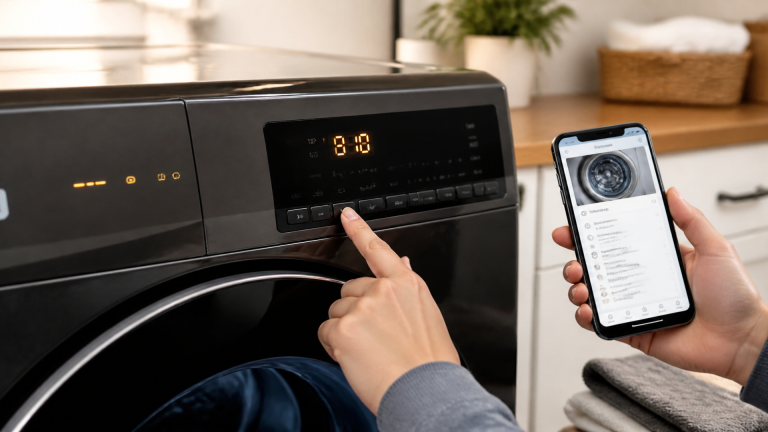 LG front-load washing machine with error code display and open door showing drum
