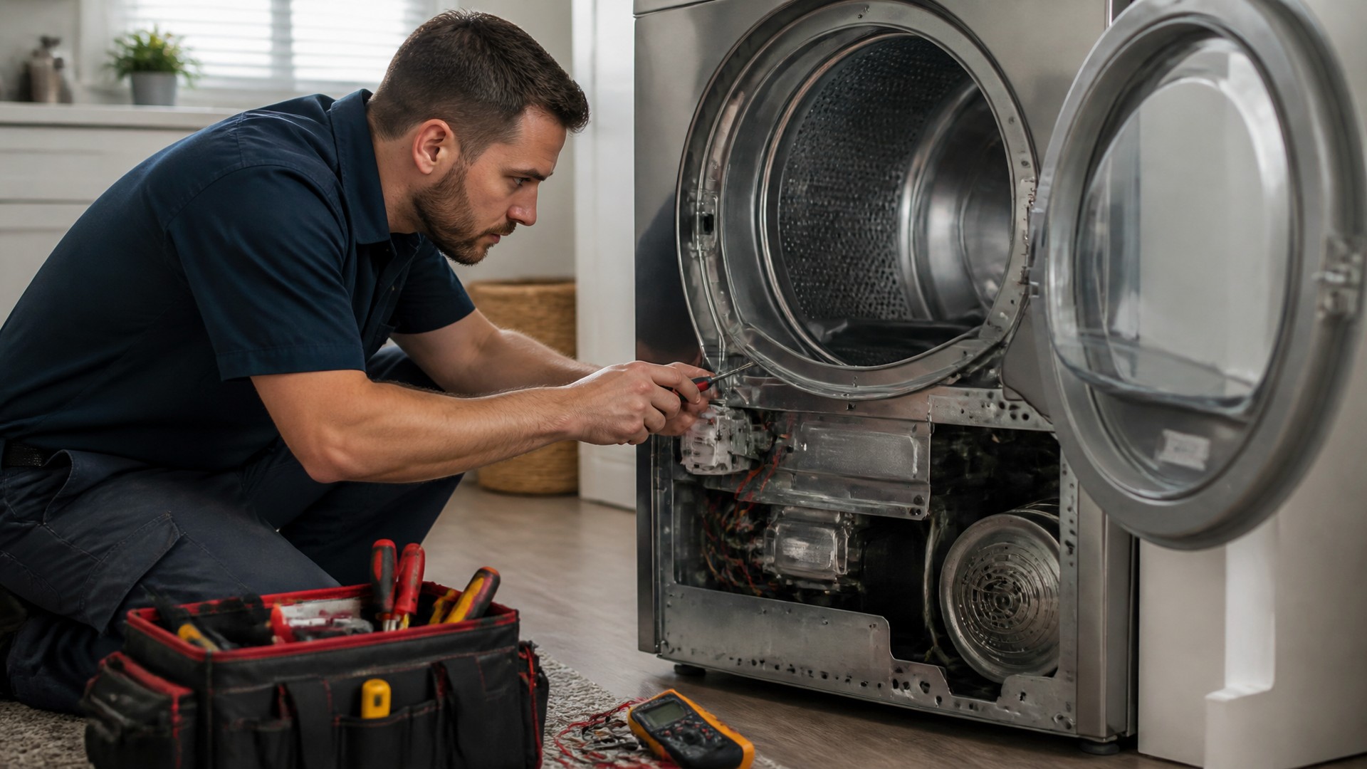 A person using a multimeter to test a Maytag dryer heating element with the back panel removed