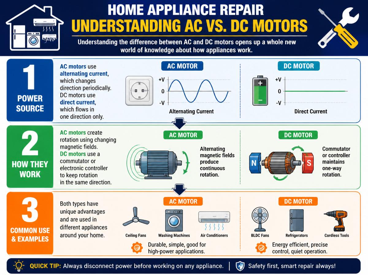 Step-by-step infographic: How to Appliance Motors: Step-by-Step Guide: Understanding AC vs. DC Motors
