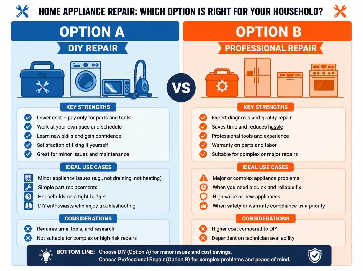 Comparison infographic: Appliance Repair Cost Guide 2026: Average Prices by Brand, Problem and Appliance: Repair Costs by Common Problem