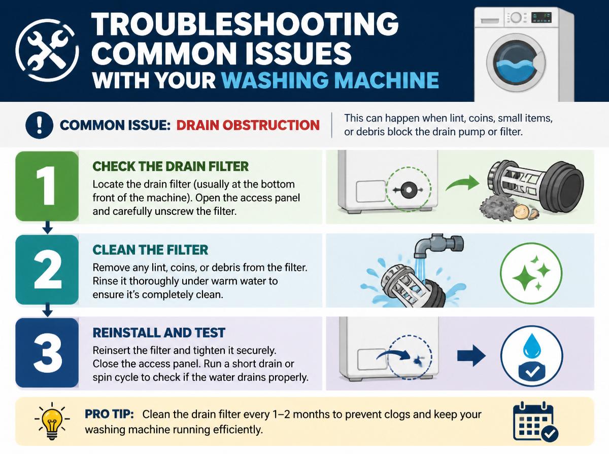 Step-by-step infographic: How to Using Your Bosch Washing Machine: Complete DIY Guide: Troubleshooting Common Issues With Your Washing Machine