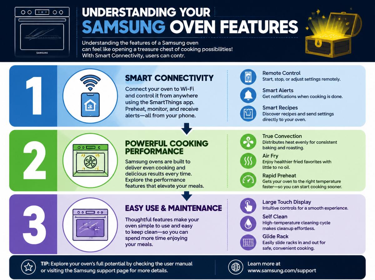 Step-by-step infographic: Care and Maintenance Essentials for Your Samsung Oven: Understanding Your Samsung Oven Features