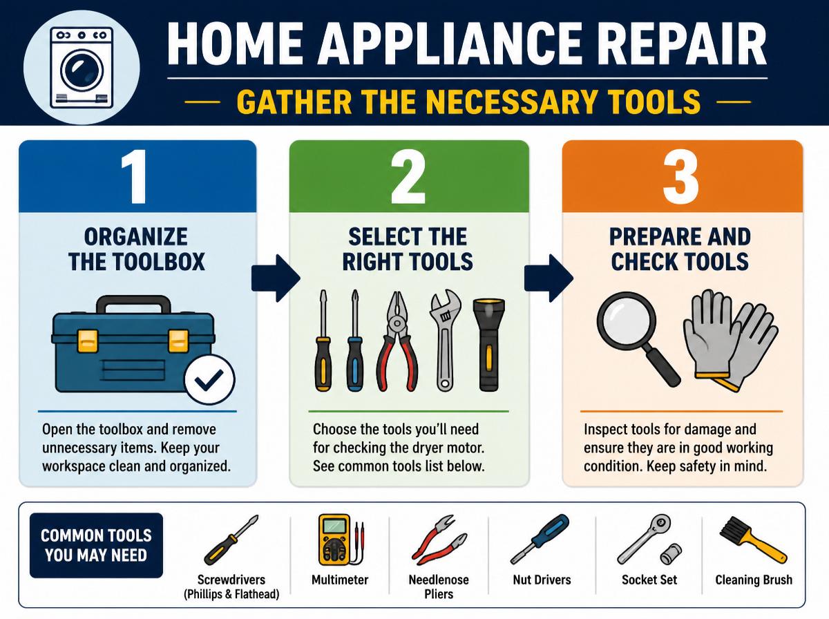Step-by-step infographic: Check Your Dryer Motor in 7 Easy Steps: Gather the Necessary Tools