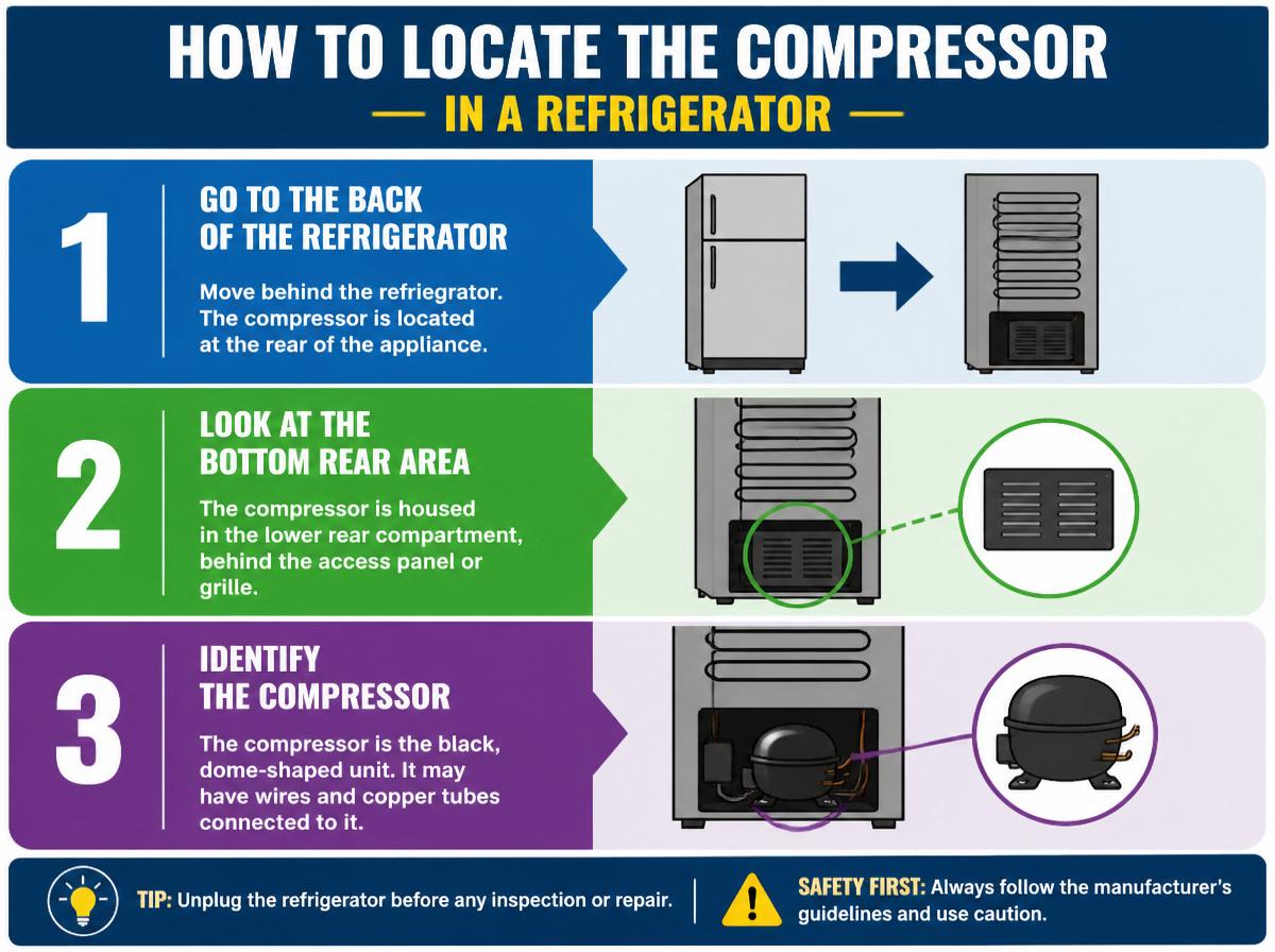 Step-by-step infographic: 7 Steps for Checking Your Refrigerator Compressor Like a Pro: Locate the Compressor
