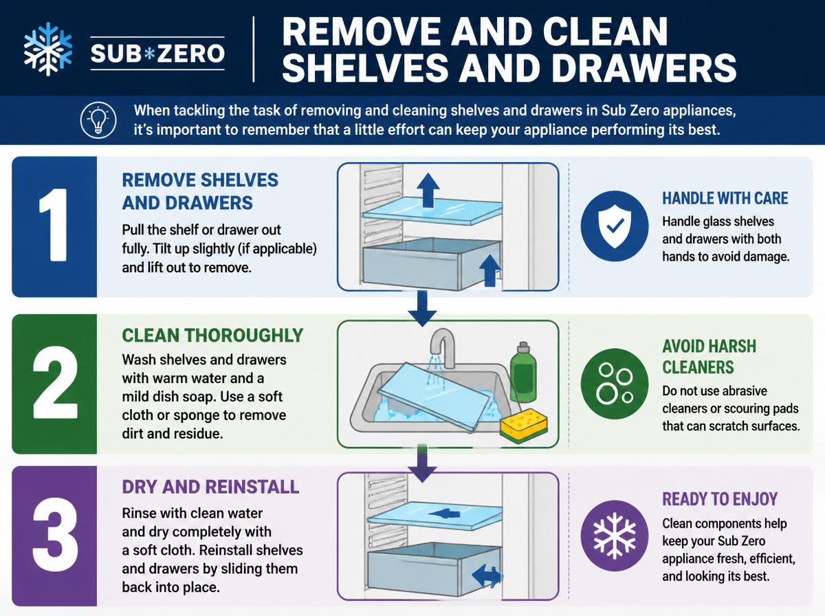 Step-by-step infographic: 10 Essential Tips for Cleaning Sub Zero Appliances: Remove and Clean Shelves and Drawers
