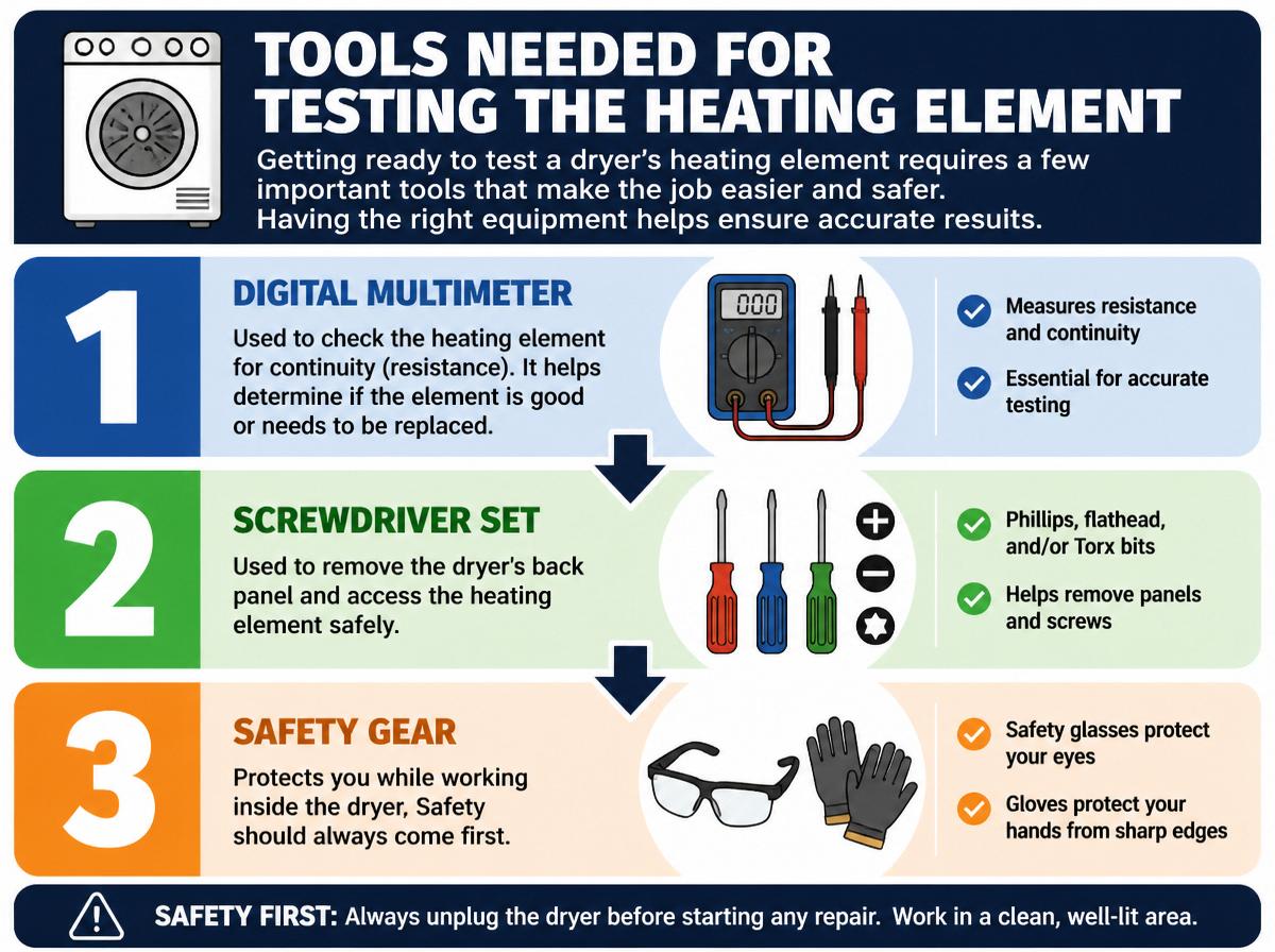 Step-by-step infographic: Common Problems and Solutions for Testing Dryer Heating Elements: Tools Needed for Testing the Heating Element
