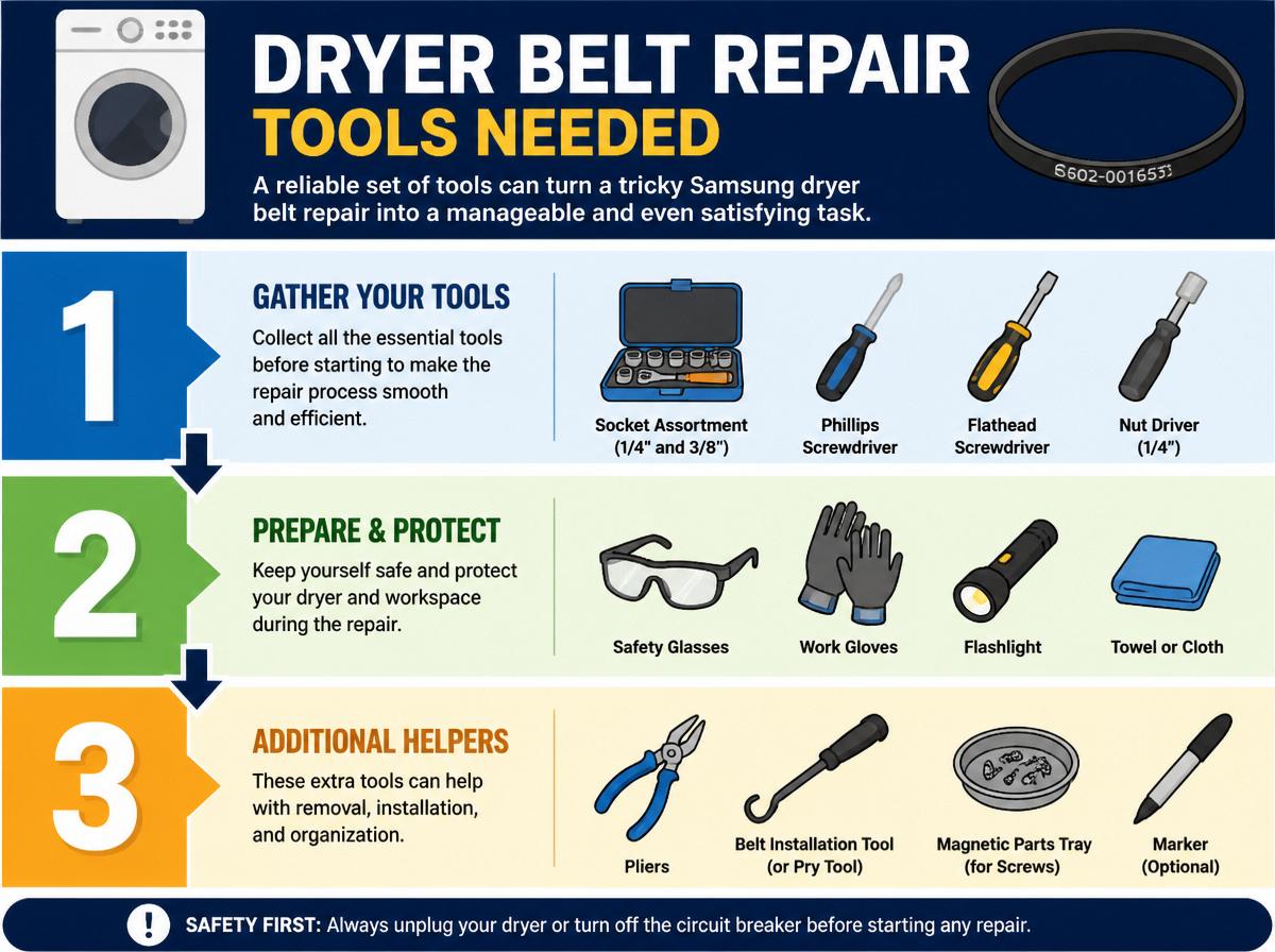Step-by-step infographic: DIY Solutions for Common Samsung Dryer Belt Problems: Tools Needed for Dryer Belt Repair