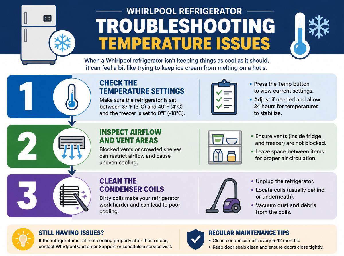 Step-by-step infographic: Common Temperature Issues in Whirlpool Refrigerators: A Complete Guide: Troubleshooting Temperature Issues