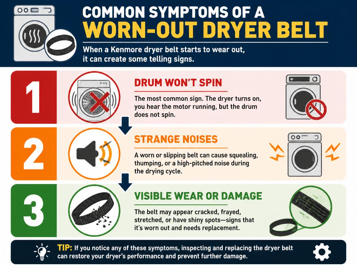 Step-by-step infographic: Complete Guide to Kenmore Dryer Belts: Common Symptoms of a Worn-Out Dryer Belt