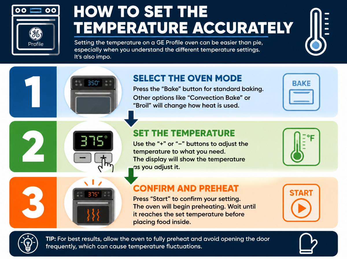 Step-by-step infographic: Complete Guide to Mastering GE Profile Oven Temperature: How to Set the Temperature Accurately