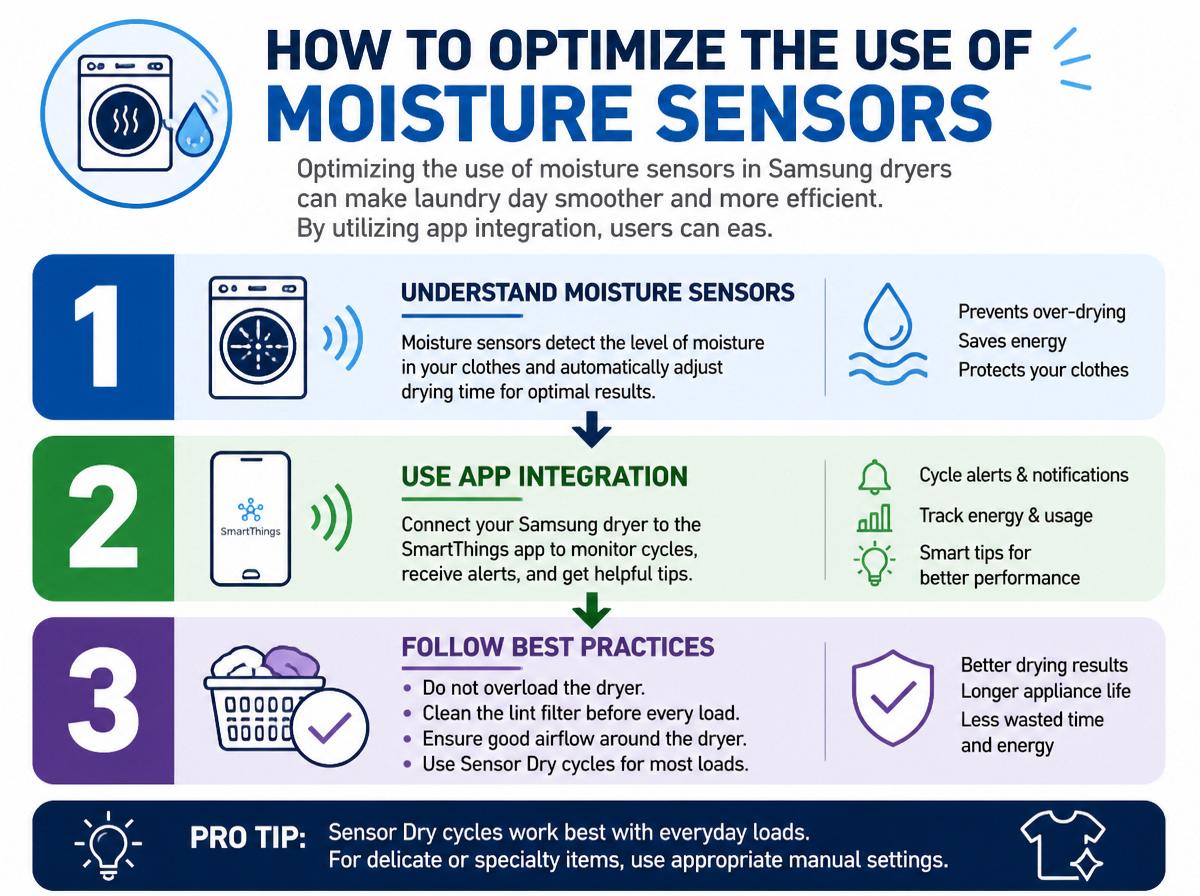 Step-by-step infographic: Complete Guide to Samsung Dryer Moisture Sensor: How It Works: How to Optimize the Use of Moisture Sensors