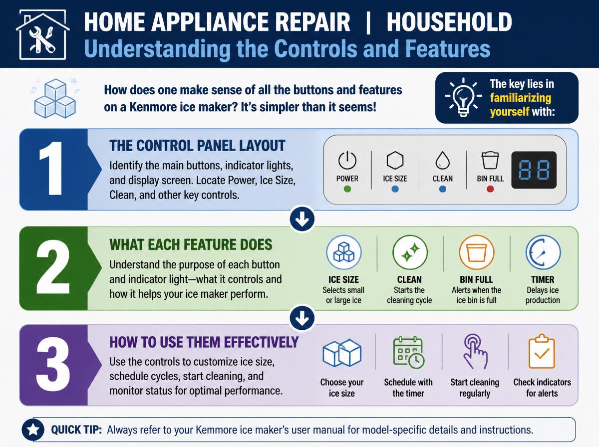 Step-by-step infographic: Complete Guide to Using Your Kenmore Ice Maker: Understanding the Controls and Features