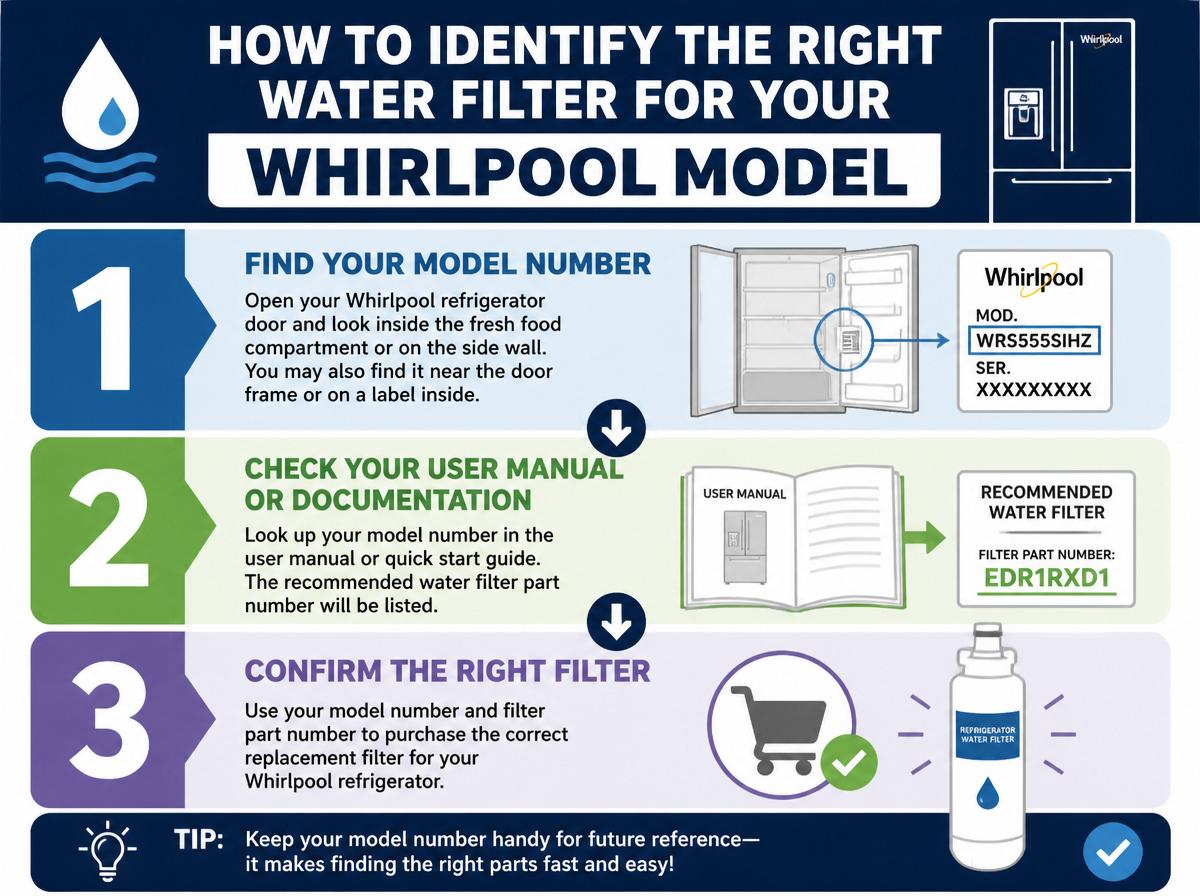 Step-by-step infographic: Complete Guide to Whirlpool Refrigerator Water Filters: How to Identify the Right Water Filter for Your Whirlpool Model
