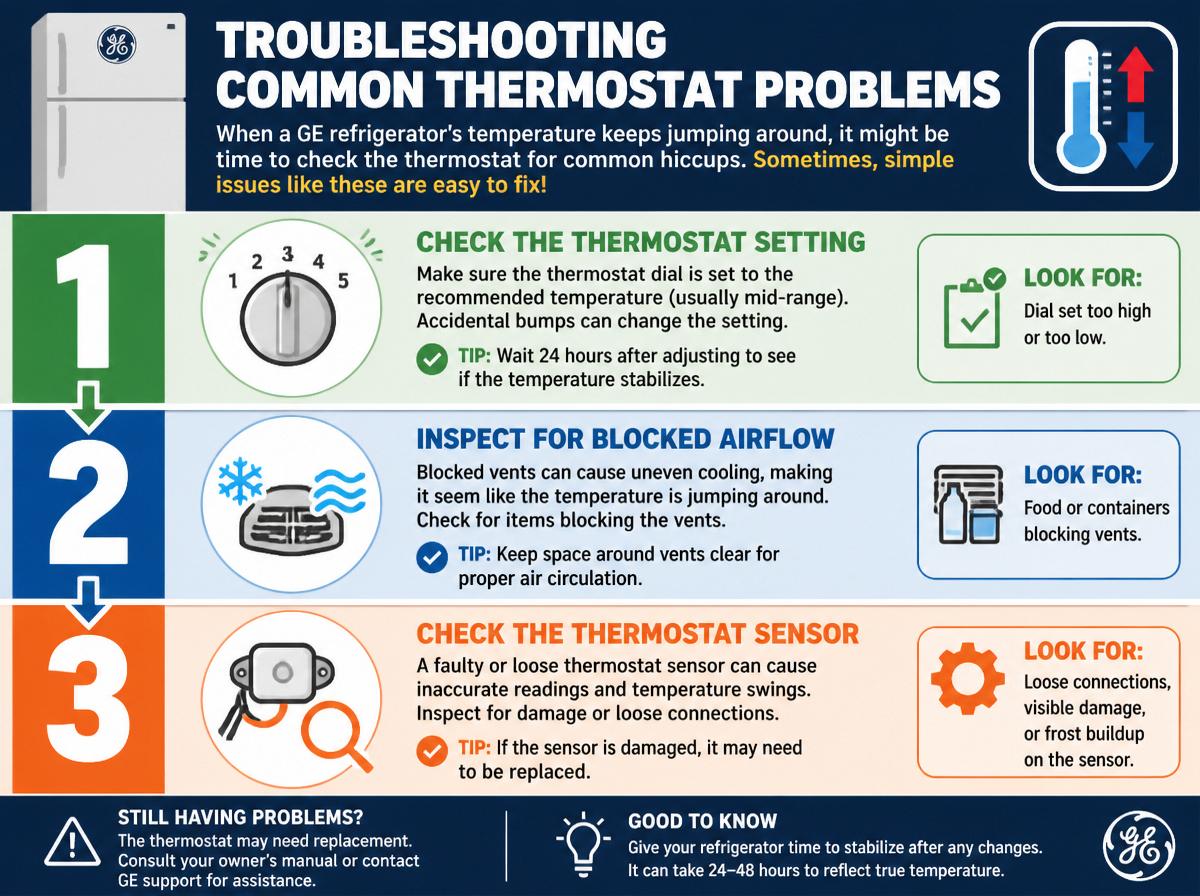 Step-by-step infographic: Complete Guide: What Do You Need to Know About GE Refrigerator Thermostat?: Troubleshooting Common Thermostat Problems