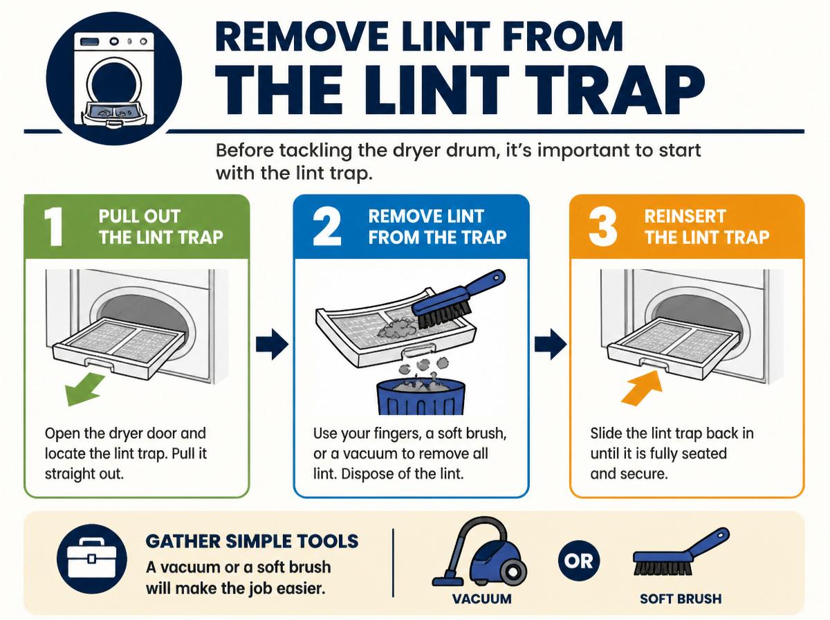 Step-by-step infographic: How to 10 Steps for a Deep Clean of Your Dryer Drum: Step-by-Step Guide: Remove Lint From the Lint Trap