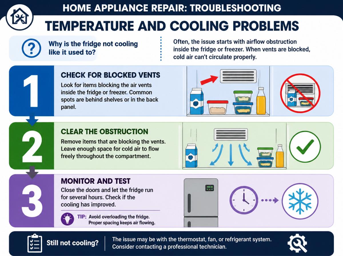 Step-by-step infographic: DIY Fixes for Common Issues With Your GE Refrigerator: Troubleshooting Temperature and Cooling Problems