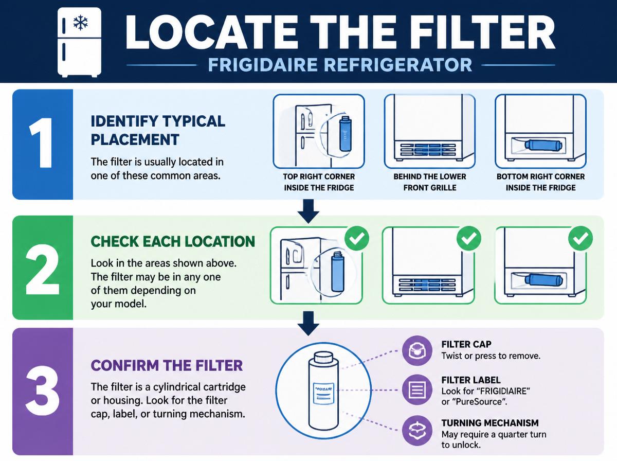 Step-by-step infographic: 7 Easy Steps to Change the Frigidaire Refrigerator Filter: Locate the Filter