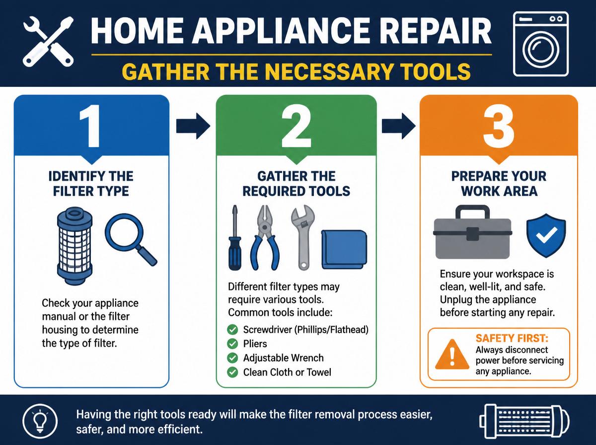 Step-by-step infographic: 7 Easy Steps to Remove Whirlpool Filter: Gather the Necessary Tools