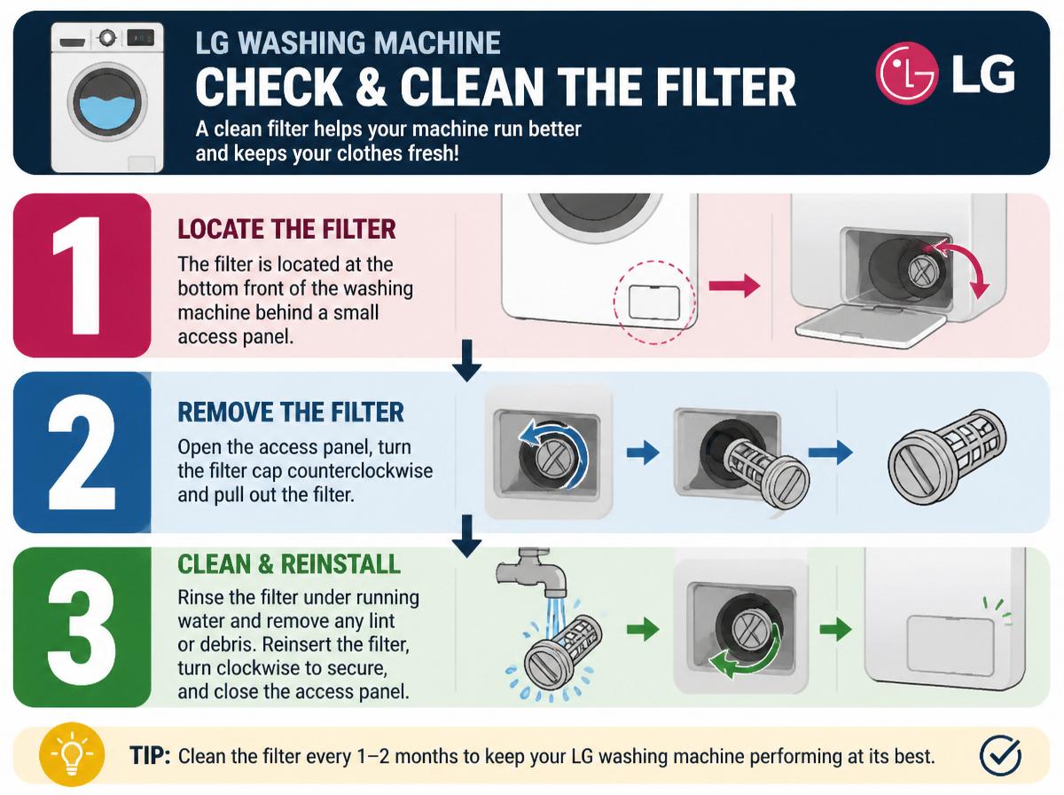 Step-by-step infographic: 7 Essential Care Tips for LG Washing Machines: Check and Clean the Filter
