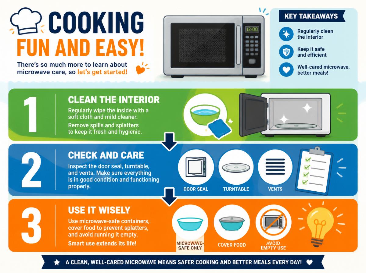 Step-by-step infographic: 7 Essential Microwave Care and Maintenance Tips: (intro/hero area)