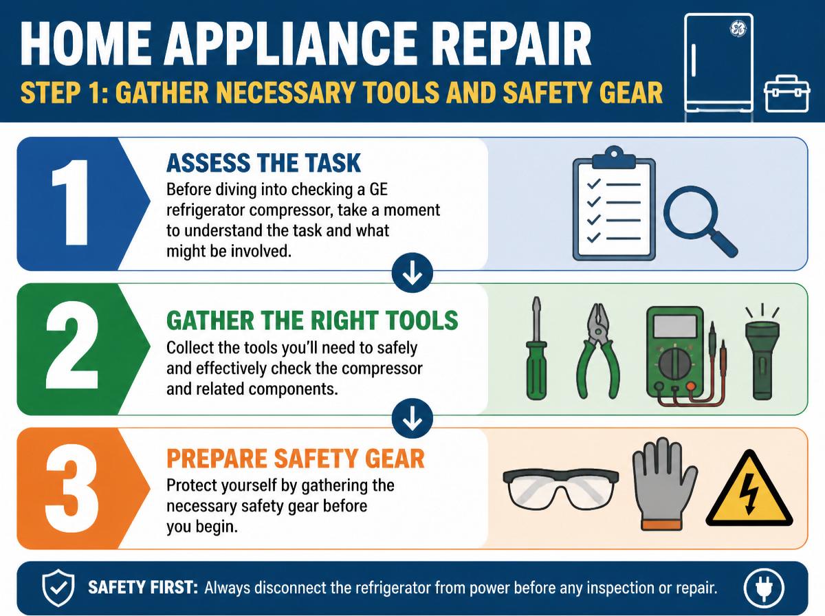 Step-by-step infographic: 7 Essential Steps to Check GE Refrigerator Compressor: Gather Necessary Tools and Safety Gear