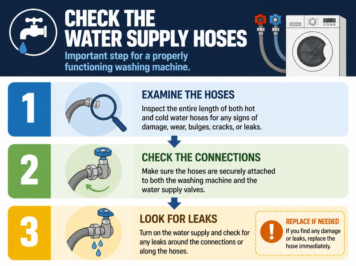 Step-by-step infographic: 10 Essential Steps to Check Your Washing Machine: Check the Water Supply Hoses