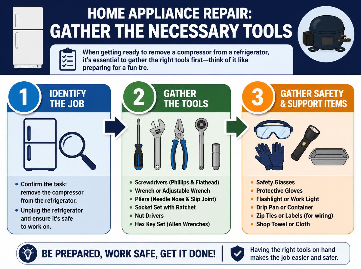 Step-by-step infographic: 7 Essential Steps to Remove a Compressor From Your Refrigerator: Gather the Necessary Tools