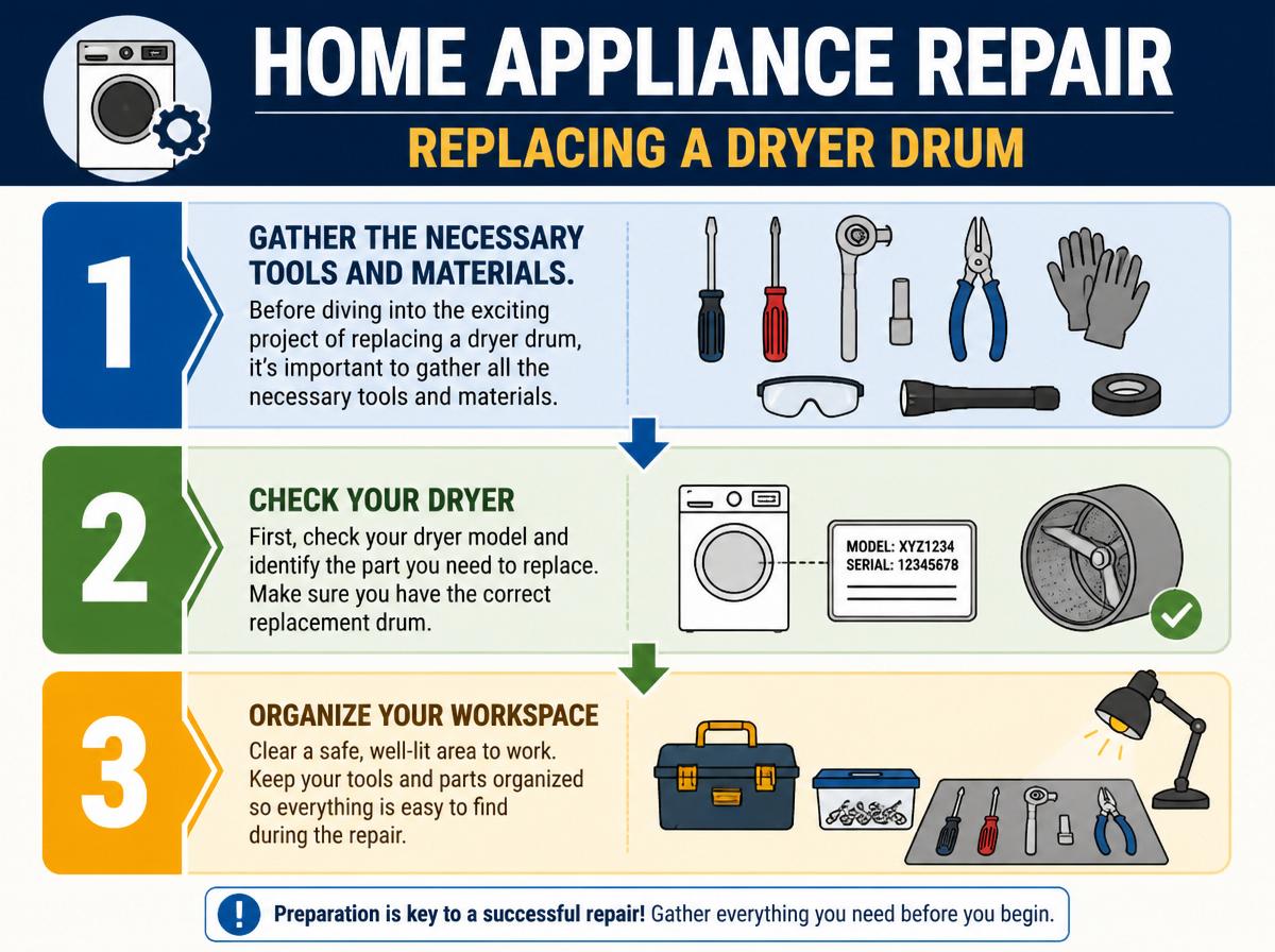 Step-by-step infographic: 7 Essential Steps to Replace Your Dryer Drum With Tools and Safety Tips: Gather the Necessary Tools and Materials