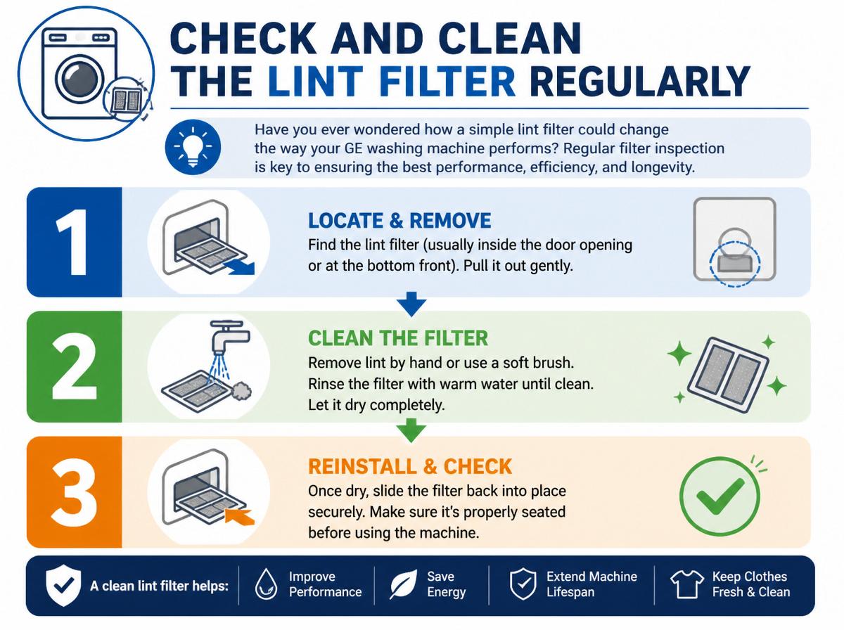 Step-by-step infographic: 10 Essential Tips for Cleaning Your GE Washing Machine: Check and Clean the Lint Filter Regularly