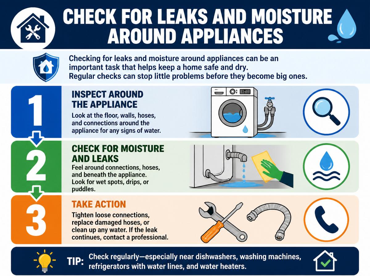Step-by-step infographic: 7 Essential Tips for Your Appliance Inspection Checklist: Check for Leaks and Moisture Around Appliances