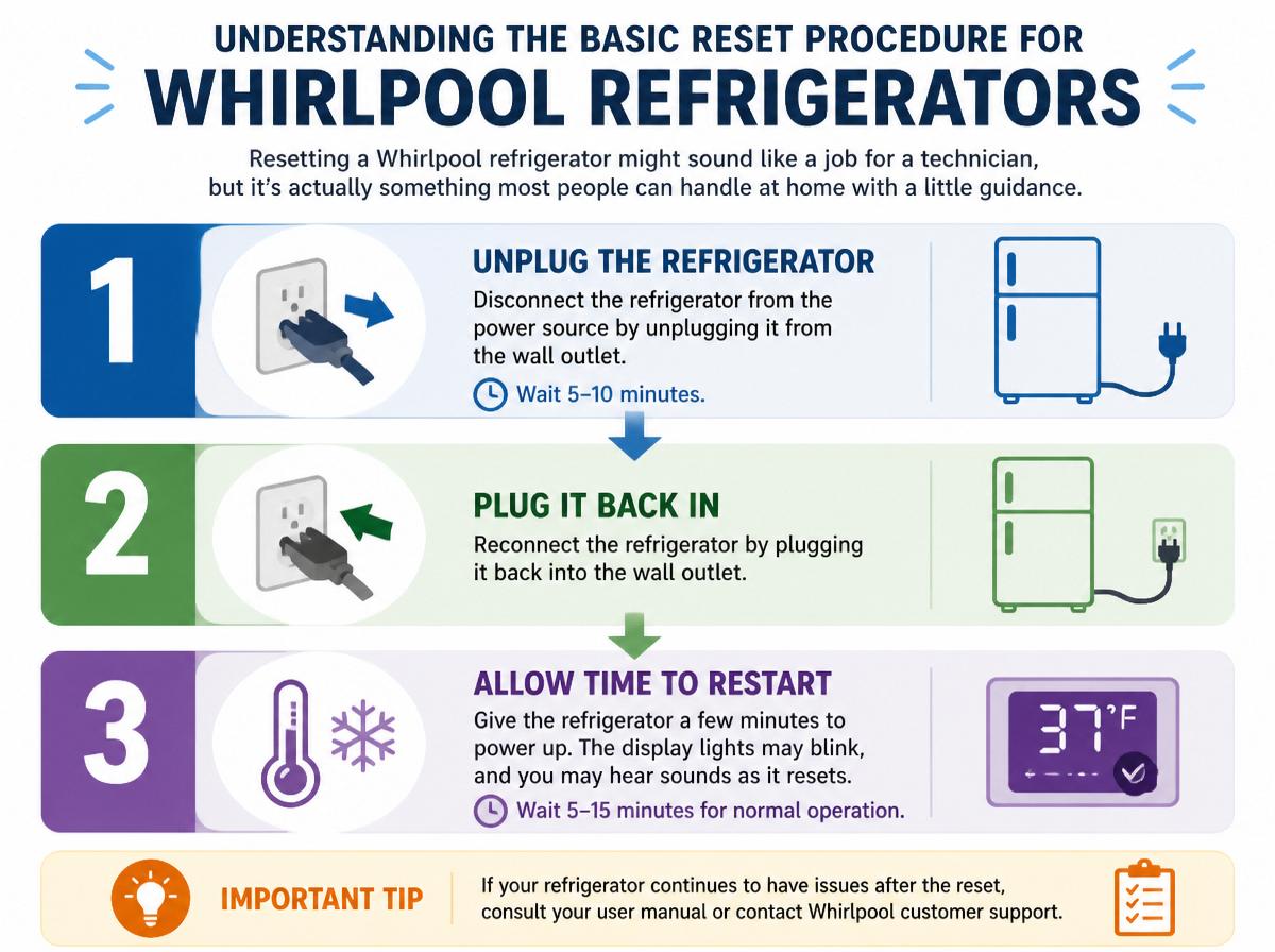 Step-by-step infographic: Essential Whirlpool Refrigerator Reset Methods: What They Do: Understanding the Basic Reset Procedure for Whirlpool Refrigerators