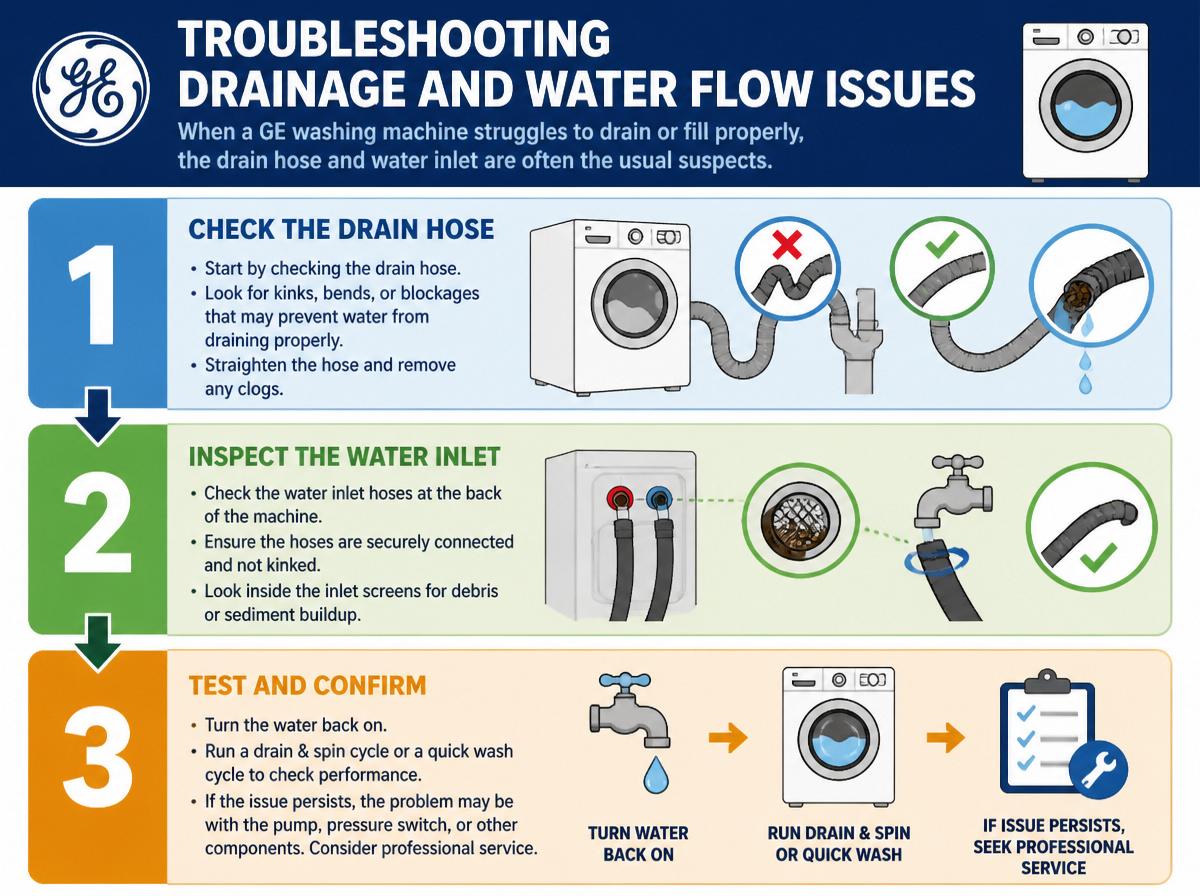 Step-by-step infographic: Fix Common GE Washing Machine Problems: Essential Solutions: Troubleshooting Drainage and Water Flow Issues