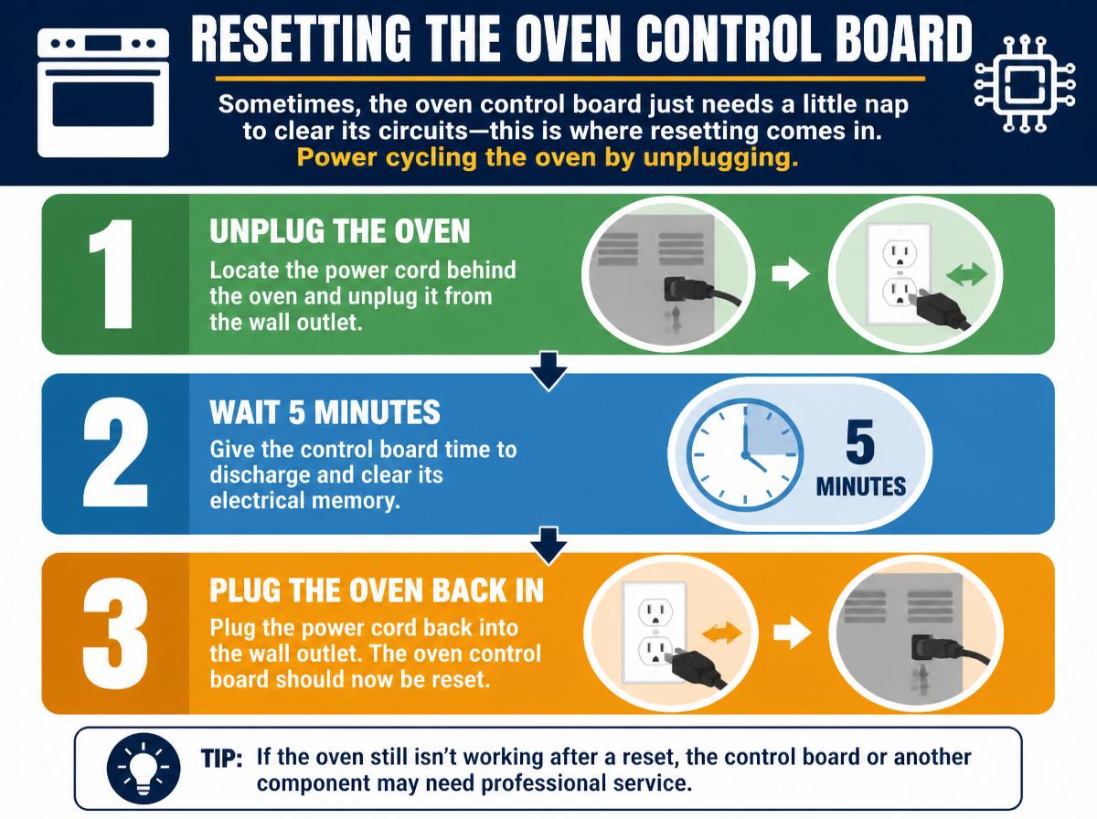Step-by-step infographic: Fixing Common GE Oven Temperature Problems: Step-by-Step Solutions: Resetting the Oven Control Board