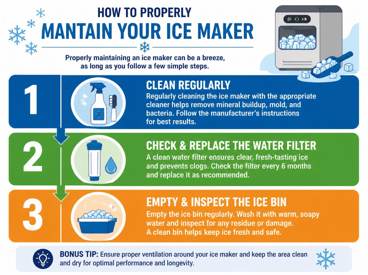 Step-by-step infographic: What Are the Essentials for Frigidaire Ice Maker Care?: How to Properly Maintain Your Ice Maker