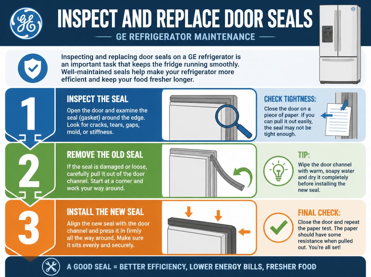 Step-by-step infographic: 7 Essential Tips for GE Refrigerator Power Maintenance: Inspect and Replace Door Seals
