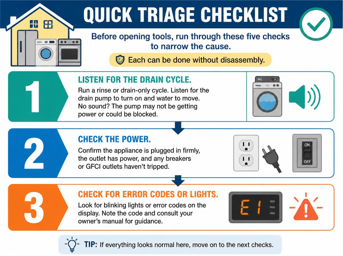 Step-by-step infographic: Hotpoint Dishwasher Not Draining: Causes and DIY Fix Guide: Start with the Quick Triage Checklist