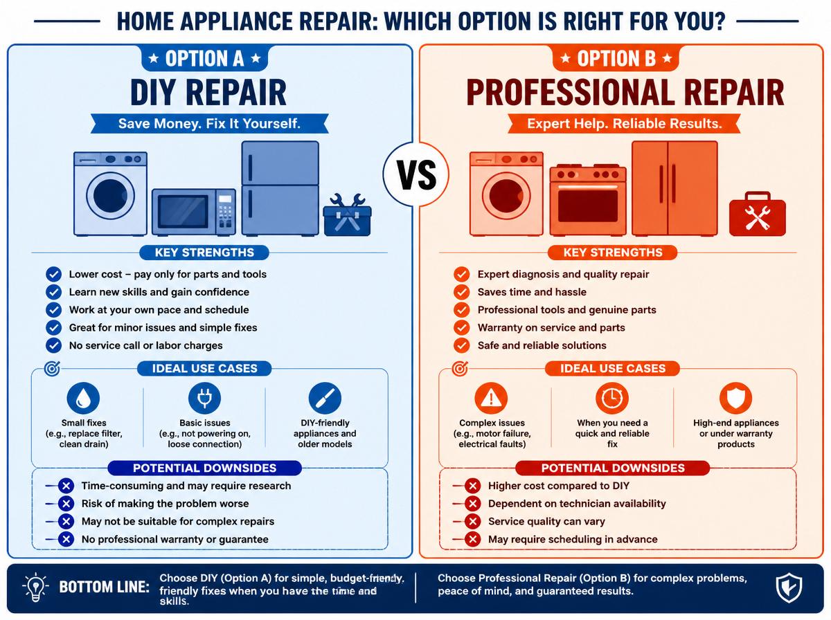 Comparison infographic: How Long Do Appliances Last? Complete 2026 Lifespan Guide by Brand Tier: Repair vs Replace: The 50% Rule