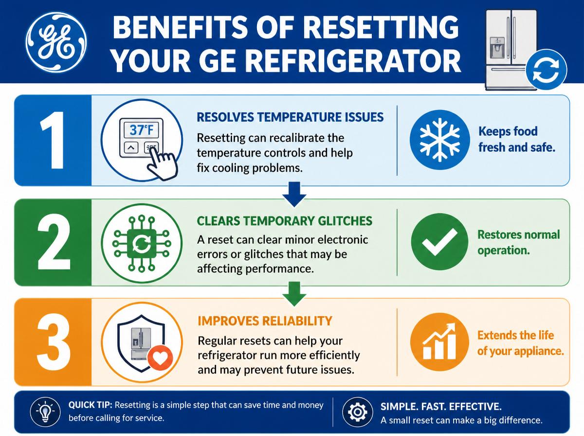 Step-by-step infographic: How Resetting Helps or Repairing Your GE Refrigerator Temperature Issues: Benefits of Resetting Your GE Refrigerator