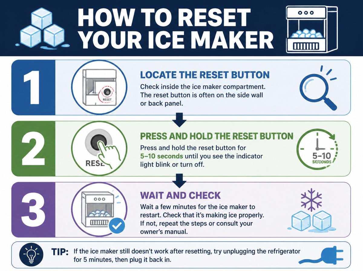 Step-by-step infographic: How Resetting Helps or Repairing Your Ice Maker Works: How to Reset Your Ice Maker