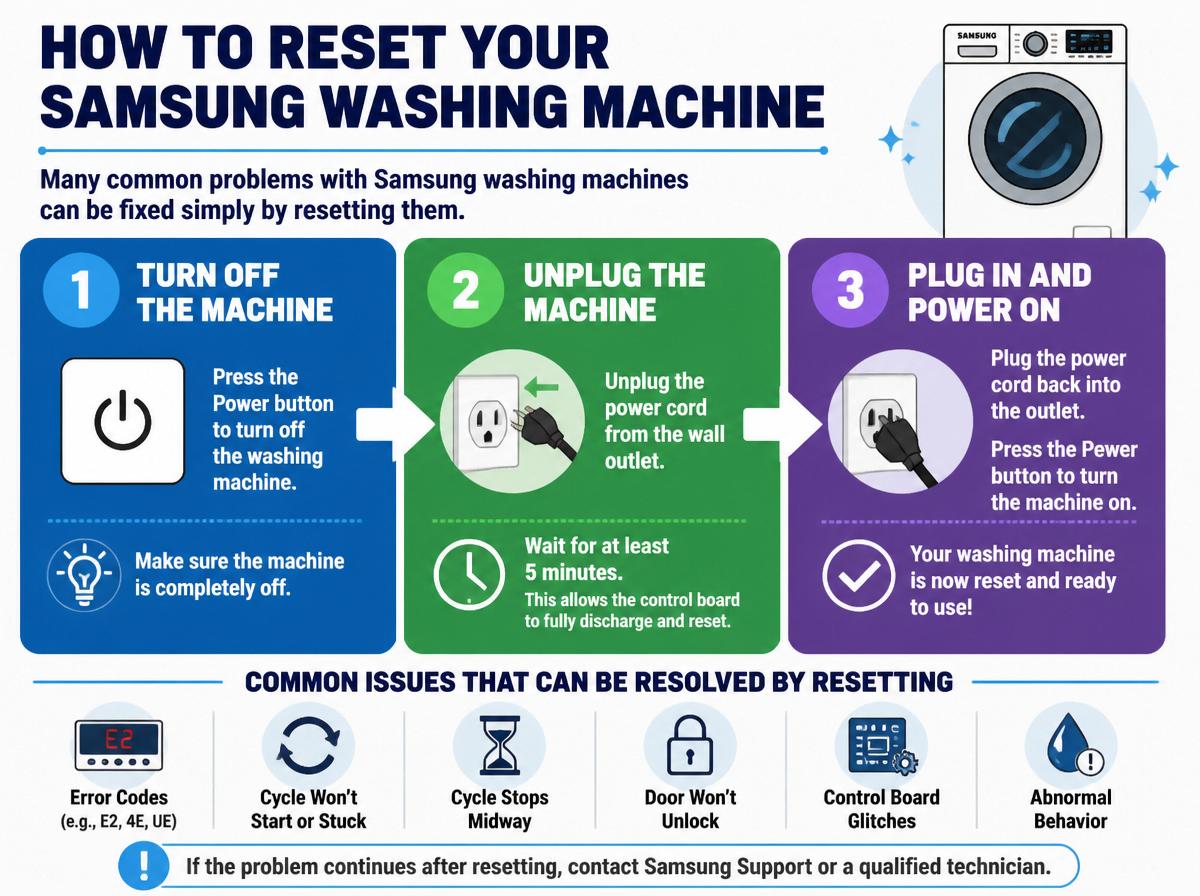 Step-by-step infographic: How Resetting Helps vs. Repairing Your Samsung Washing Machine: Common Issues That Can Be Resolved by Resetting