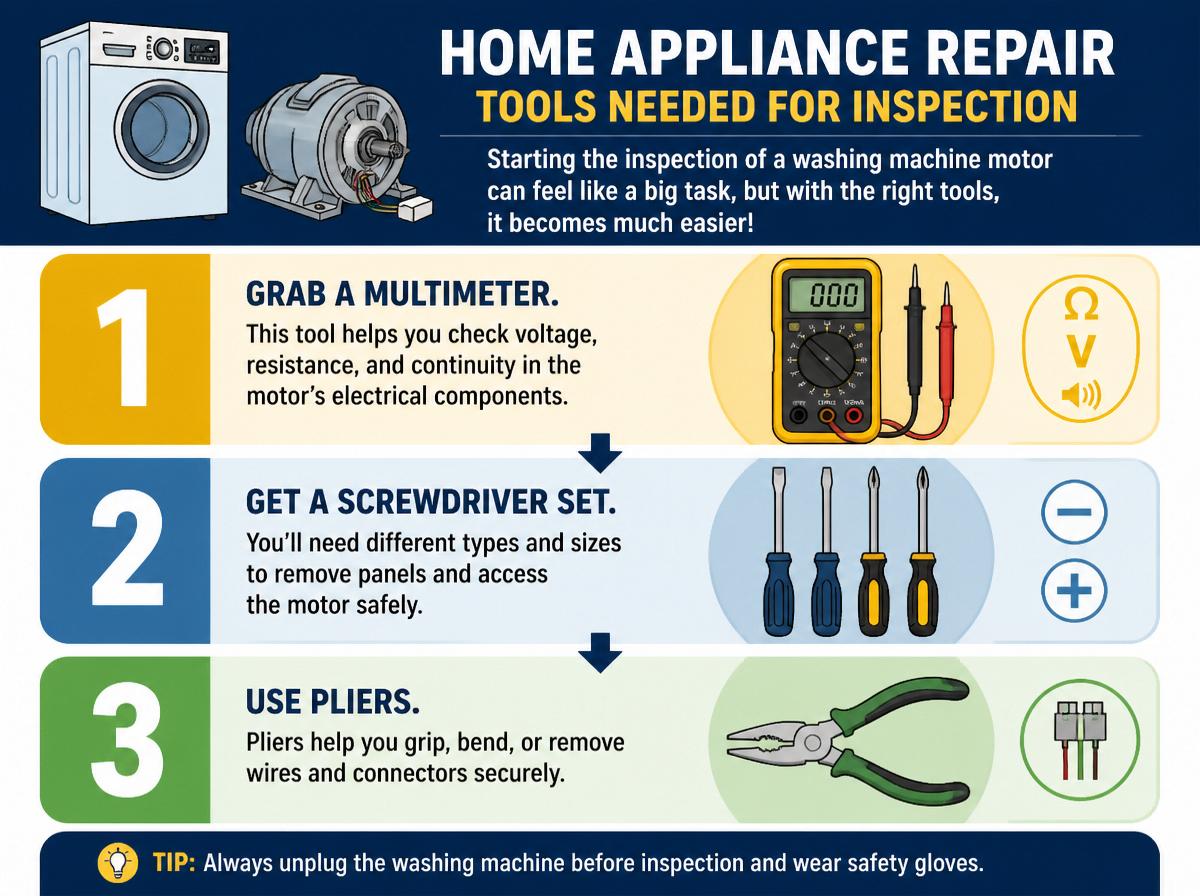 Step-by-step infographic: How to Check Your Washing Machine Motor: Step-by-Step Guide: Tools Needed for Inspection