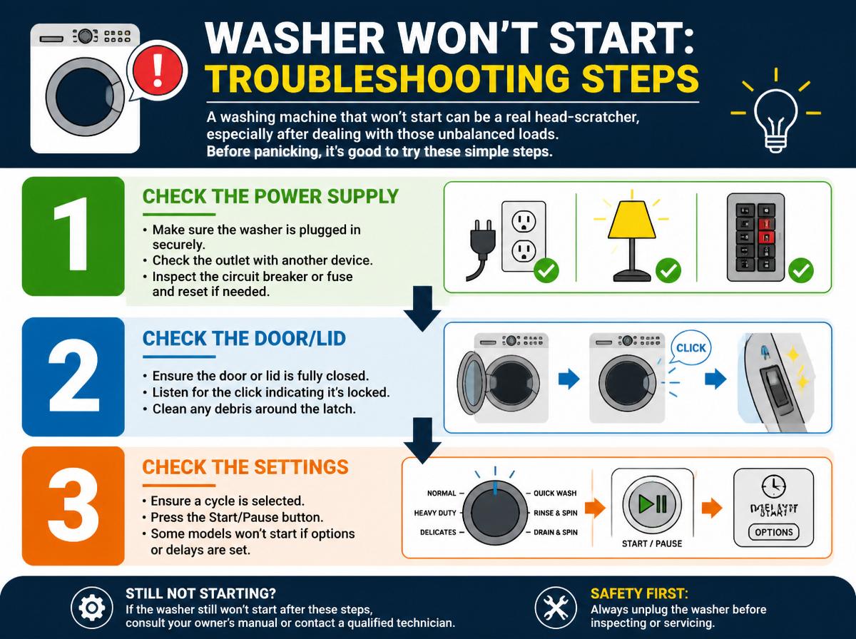 Step-by-step infographic: How to Fix Common LG Washing Machine Problems and Solutions: Step-by-Step Guide: Washer Won’t Start: Troubleshooting Steps