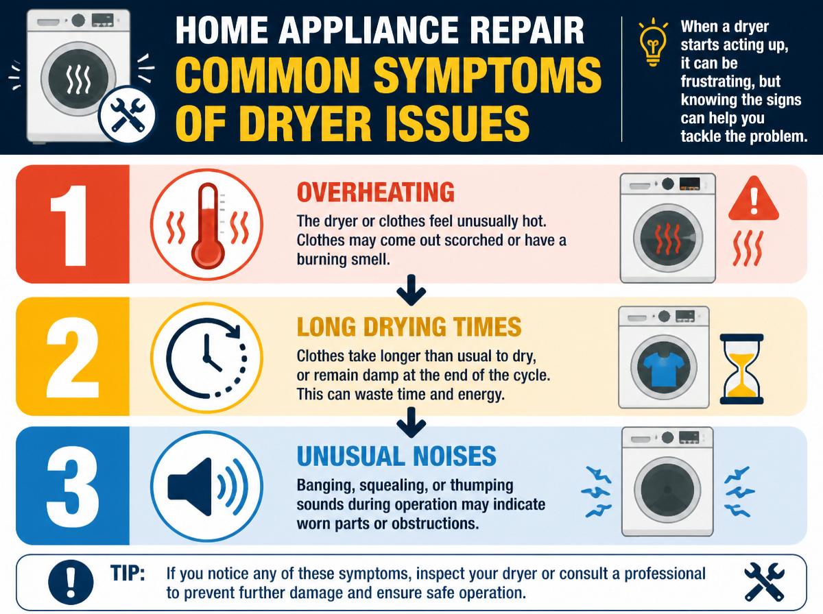 Step-by-step infographic: How to Identify the Right Dryer Parts for Common American Models: Common Symptoms of Dryer Issues