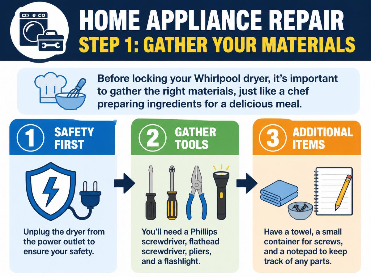 Step-by-step infographic: How to Lock Your Whirlpool Dryer With 10 Simple Steps: Gather Your Materials