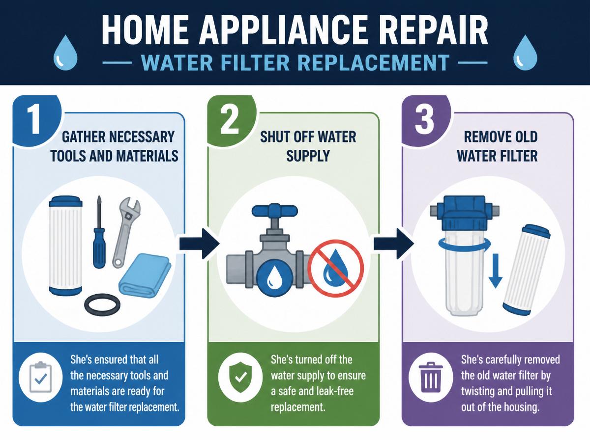 Step-by-step infographic: How to Replace KitchenAid Water Filter 4 Step by Step: Step 1: Gather Necessary Tools and Materials
